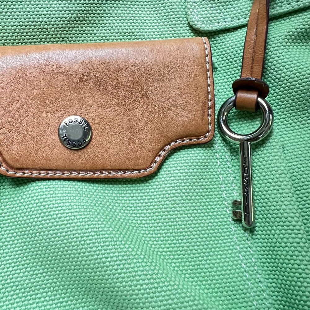 Fossil Mint Green Canvas Tote Bag Brown Leather Accents Key Striped Lining 75082 - Picture 7 of 15
